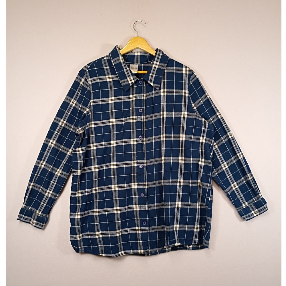 Cabincore Blair Women XL Blue White Plaid Cotton Long Sleeve Button Down Shirt